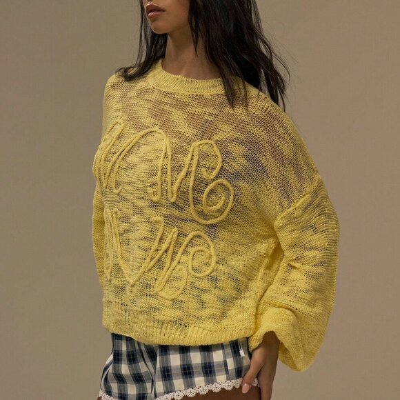 Yellow Casual Women's Crew Neck Embroidery Knit Sweater Top - Picture 3 of 5